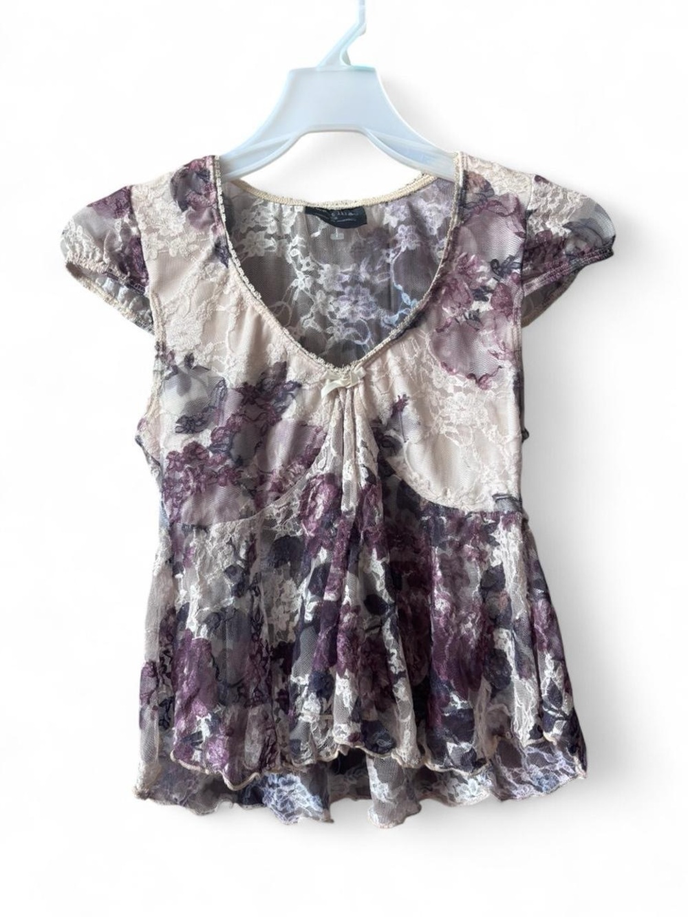 Y2K Floral Lace Cap-Sleeve Blouse in Purple and Cream